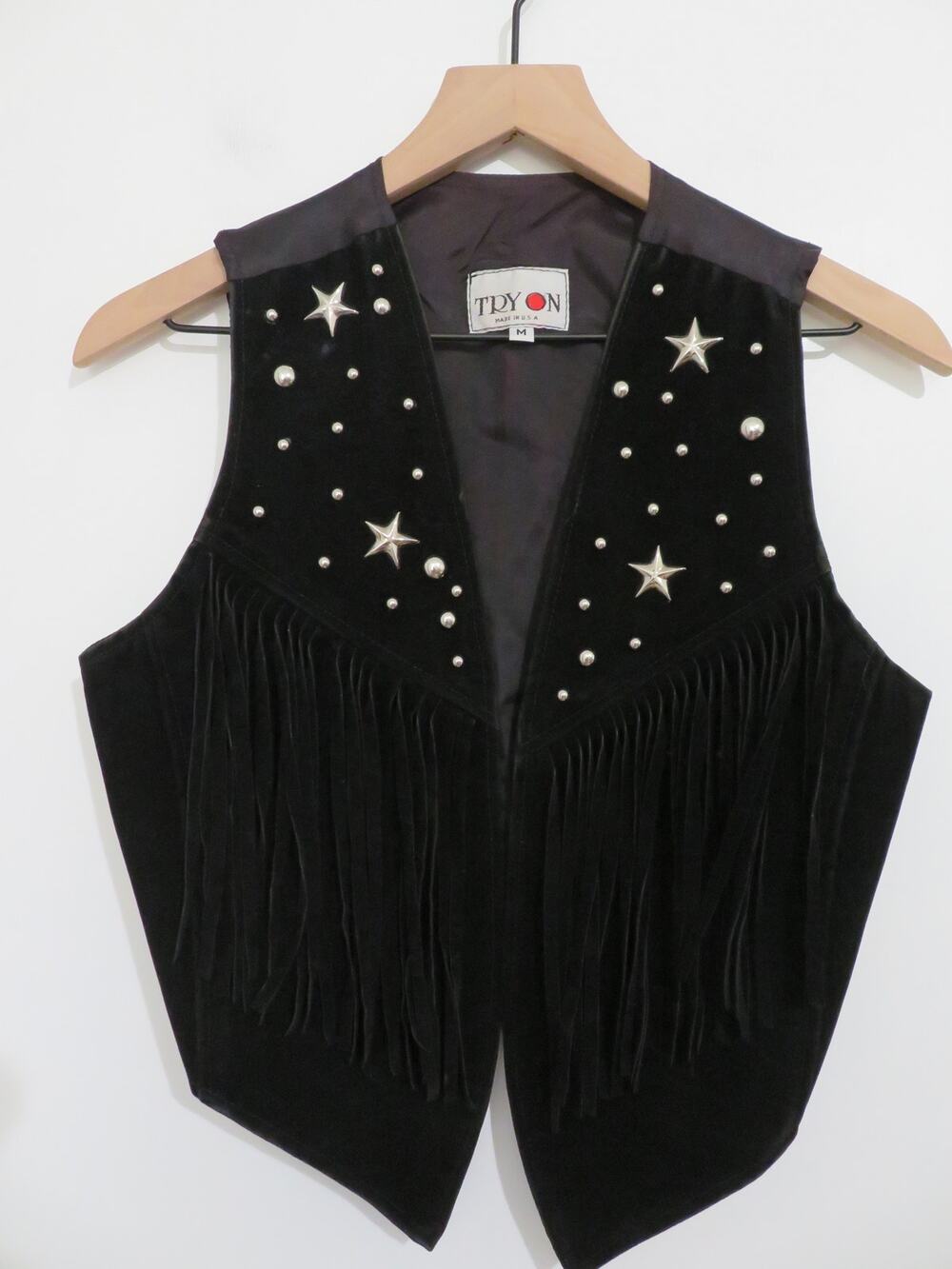 Try On Sz M Vintage Black Star Studded Fringe Open Front Western Cowgirl Vest